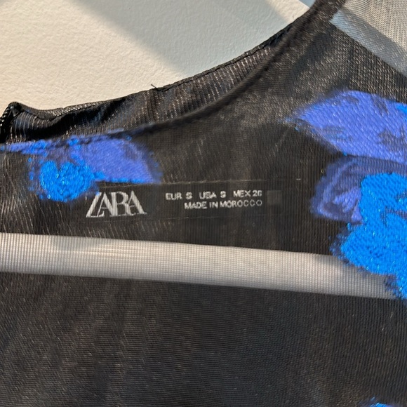 Zara Black Organza Sheer Mini Dress Blue Long Sleeve Tiered Skirt Floral Ruffle - Picture 10 of 11